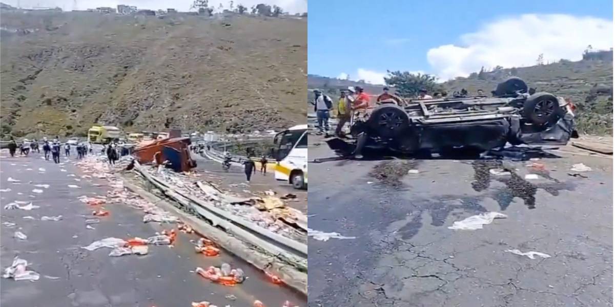 Ambato: la gente se sustrajo botellas de refrescos y energizantes de tráiler volcado en el paso lateral