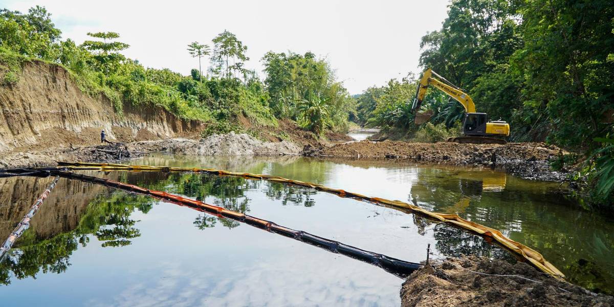 Derrame de crudo: la protección con barreras se refuerza en la zona de manglares del estuario del río Esmeraldas
