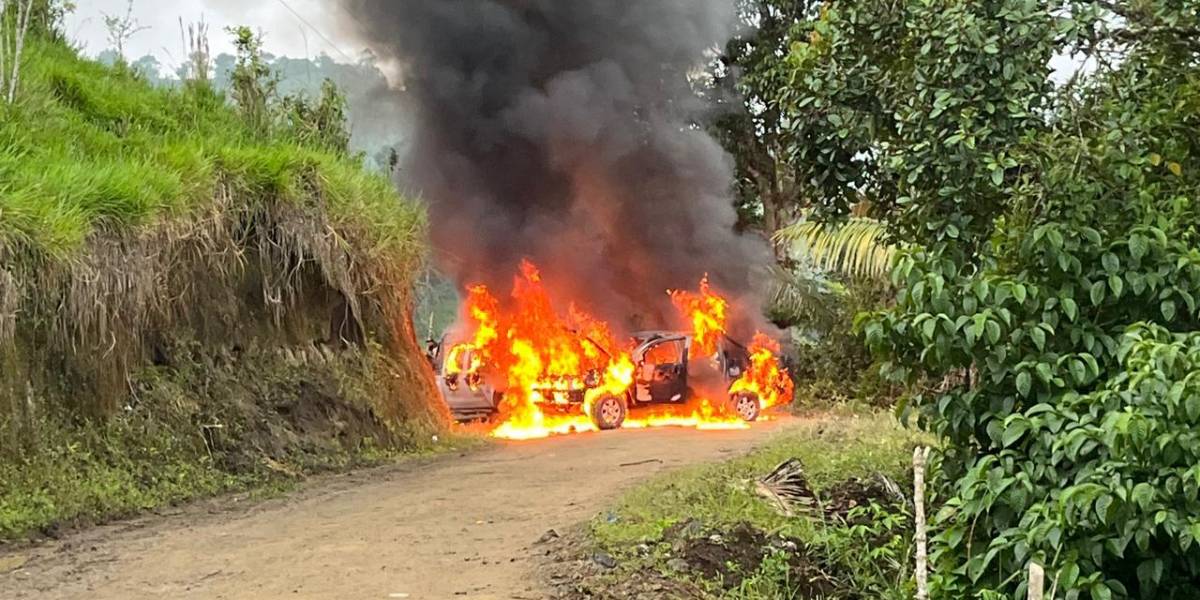 Dos vehículos quemados, y manifestantes y policías heridos en Palo Quemado, Cotopaxi durante protestas antimineras