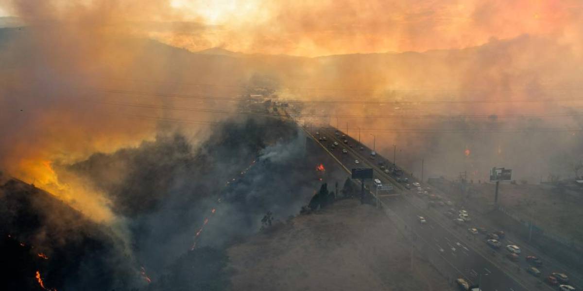 Quito: los bomberos tratan de controlar los incendios en Puembo y Pifo por vía aérea y terrestre