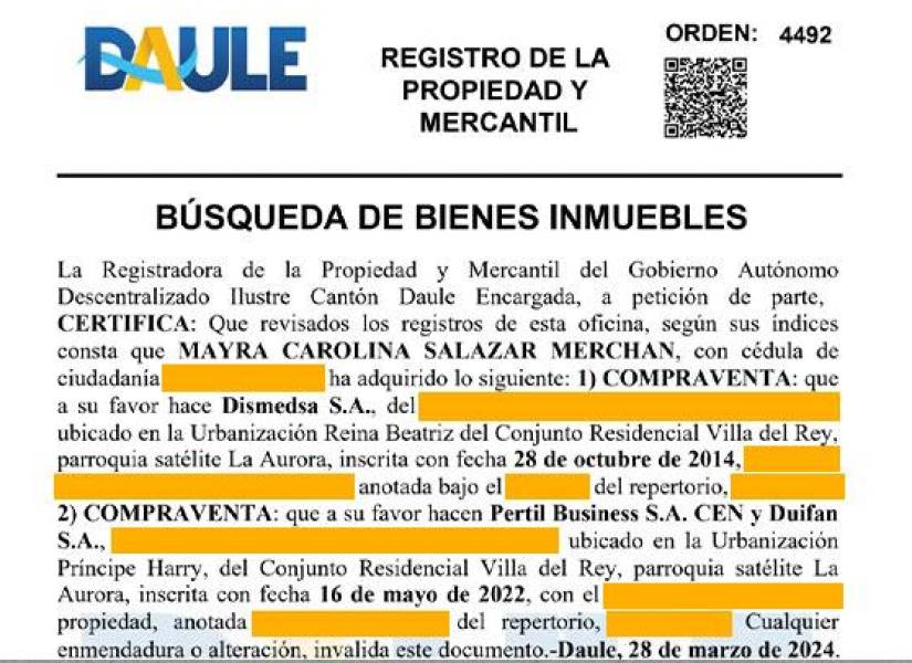 Información del Registro de la Propiedad de Daule sobre las propiedades de Mayra Salazar.