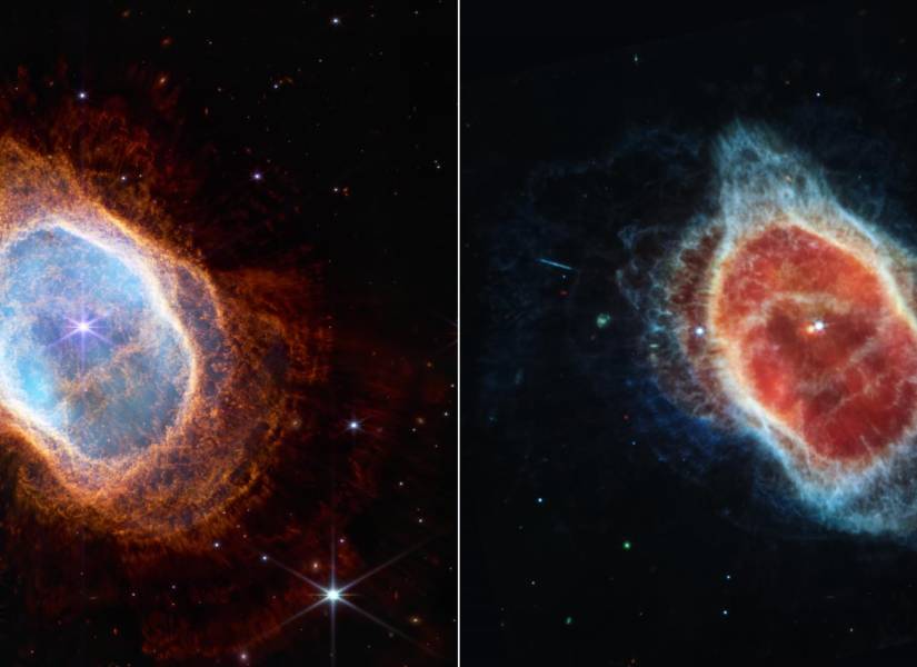 Esta comparación lado a lado muestra las observaciones de la Nebulosa del Anillo Sur en luz infrarroja.