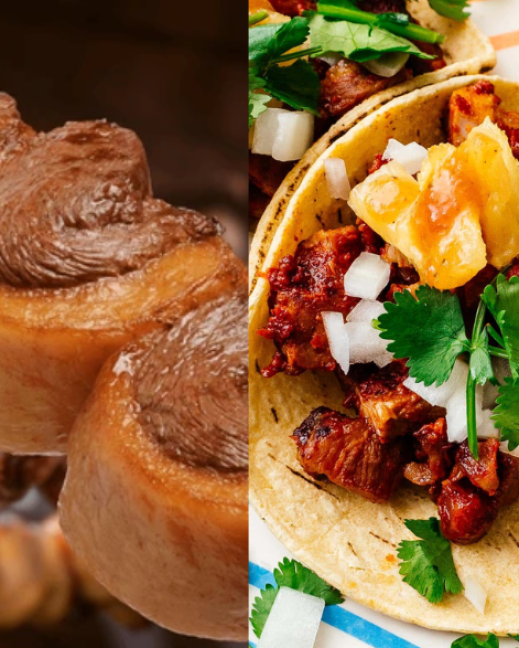 De izquierda a derecha: ceviche peruano, picanha de Brasil y tacos al pastor mexicanos.
