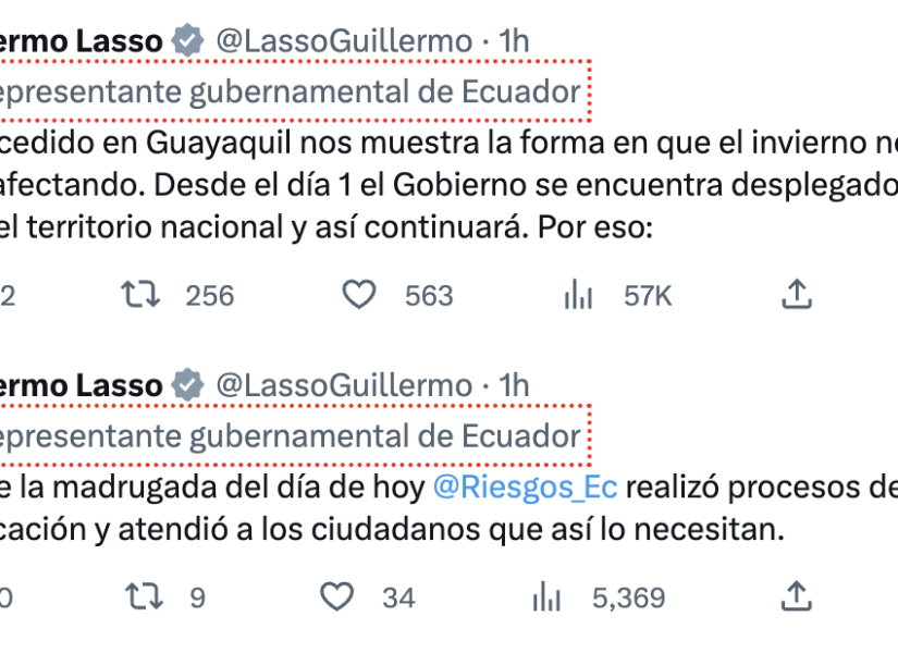 Lasso dispuso que el gobernador del Guayas, Francesco Tabacchi, coordine la entrega de todo el contingente necesario para mitigar el impacto de la inundación en la ciudad.