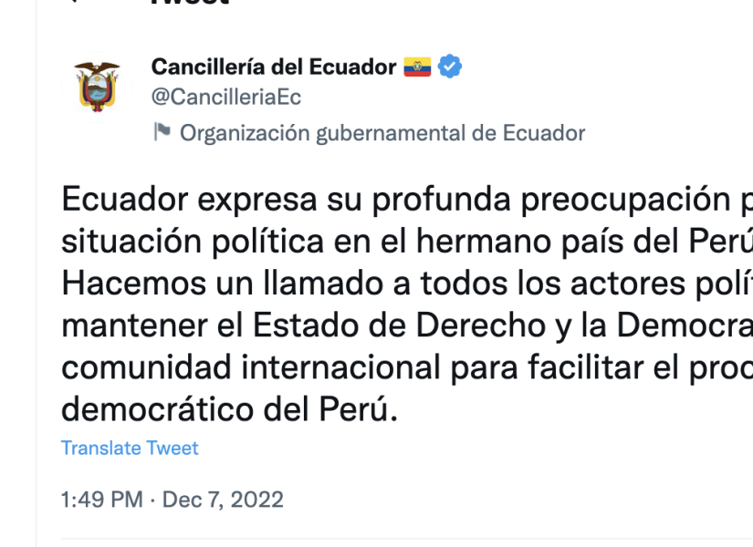 La Cancilleria expresó preocupación ante la situación de Perú.