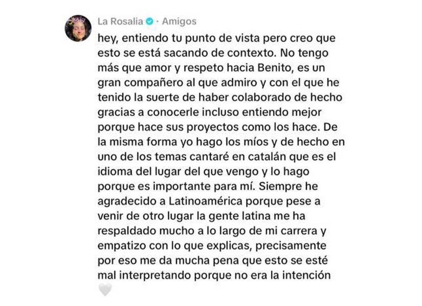 Mensaje de Rosalía aclarando el hecho.