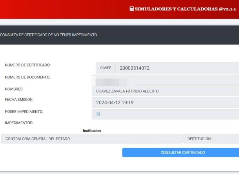 Imagen del portal del Ministerio de Trabajo, en el que se verificó la existencia del certificado de impedimento en contra de Patricio Chávez.