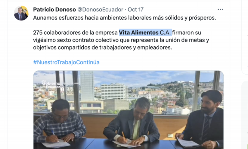 El ministro de Trabajo, Patricio Donoso, publicó un trino refiriéndose a la empresa Vita Alimentos C.A.