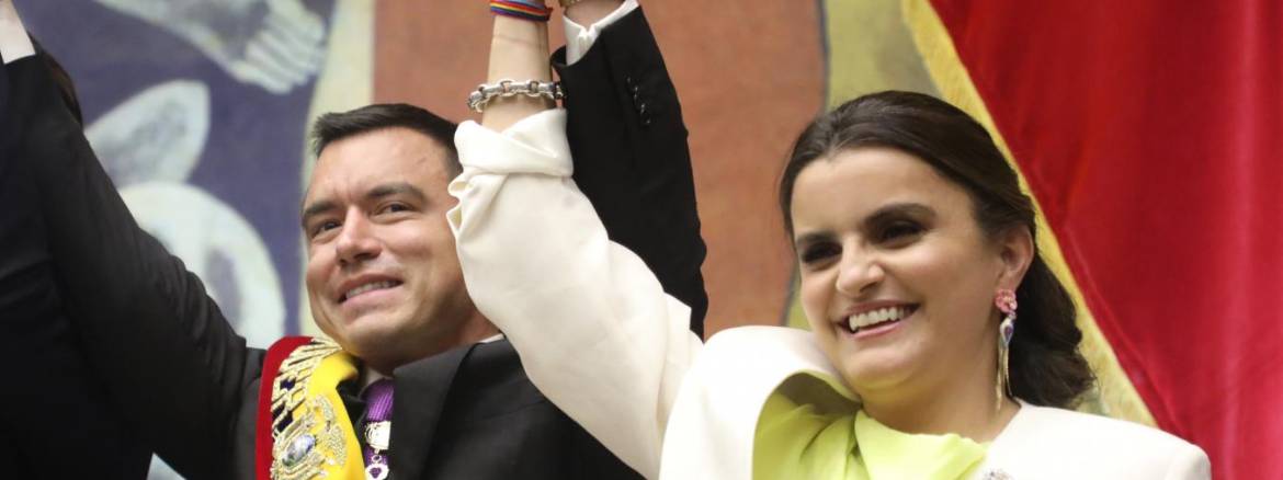 24 de mayo de 2025. Daniel Noboa y María José Pinto durante la posesión en la Asamblea Nacional.