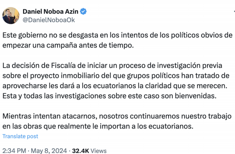 Daniel Noboa se pronunció en su cuenta de Twitter (antes X).