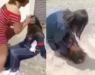 Imagen de dos adolescentes agrediendo a una estudiante en las calles de Otavalo, cantón de Imbabura.