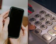 Fotos de un teléfono con la pantalla apagada y un usuario de un cajero automático.