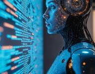 Robot IA mirando códigos de una computadora.