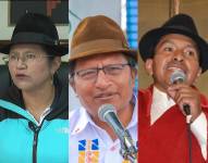 Imágenes de los candidatos a la coordinación de Pachakutik, Cecilia Velasque, Guillermo Churuchumbi, y Jorge Herrera.