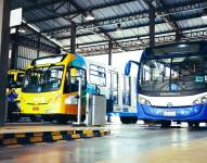 Imagen de dos vehículos de la Metrovía nuevos pasando por el sistema de revisión vehicular.