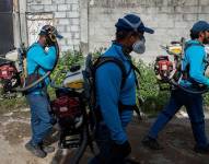 Una brigada de fumigadores del Municipio de Guayaquil recorren barrios de la ciudad.