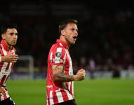Ezequiel Piovi celebra un gol con Estudiantes de La Plata en la Copa Libertadores