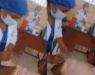 Se ve a una enfermera del Ministerio de Salud Pública (MSP) pinchando el brazo de una adulta mayor.