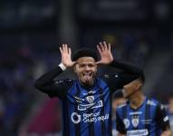 Patrik Mercado celebra su gol con Independiente del Valle ante El Nacional por la fecha 23 de la Liga pro