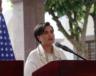 La canciller Gabriela Sommerfeld durante la rueda de prensa con Marco Rubio.