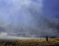 Imagen referencial de un hombre mientras mira los campos quemados durante un incendio en Velestino, Grecia.