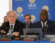 Fotografía cedida por la Organización de Estados Americanos (OEA), donde aparece su secretario general, Luis Almagro (i), y el presidente del Consejo Permanente y representante permanente de Trinidad y Tobago, Anthony Phillips-Spencer (d), durante una reunión extraordinaria hoy, sobre la situación en Brasil, en la sede del organismo en Washington (EEUU). EFE/Juan Manuel Herrera/OEA