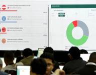 Pantallas que muestran los resultados parciales de las elecciones presidenciales en Tegucigalpa.