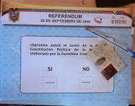 Vista de la papeleta utilizada para el referéndum de Ecuador que dice: ¿Aprueba usted el texto de la Nueva Constitución Política de la República elaborado por la Asamblea Constituyente? Sí/No, en Quito el 28 de septiembre de 2008.
