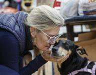 Una mujer acaricia un perro en uno de los refugios para animales rescatados de las inundaciones en Brasil.