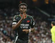 El delantero del Arsenal Bukayo Saka celebra su gol durante el partido de vuelta de cuartos de final de la Liga de Campeones ante Real Madrid.