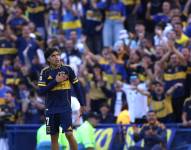 Exequiel Zeballos de Boca celebra un gol este domingo, en un partido del torneo Clausura entre Boca Juniors y River Plate en el estadio de La Bombonera en Buenos Aires.