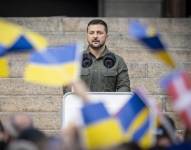 Zelenskii hablando en público en Dinamarca.