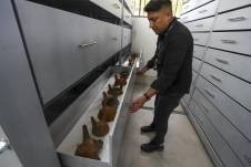 El arqueólogo Andrés Mosquera muestra las piezas halladas el 13 de julio de 2023 en Quito.