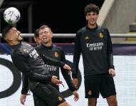 Jugadores del Real Madrid en una sesión de entrenamiento en Portugal, un día antes de enfrentar al Braga.