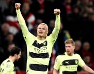 El delantero noruego del Manchester City, Erling Braut Haaland, festeja la clasificación a semifinales tras eliminar al Bayern Munich el Alianz Arena.