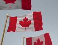 Banderas canadienses ondeando en el cielo.