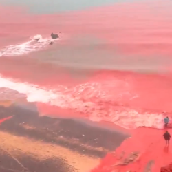 Playa teñida de rojo en Ormuz.