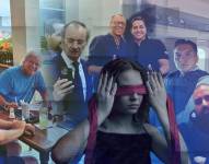 Fotografía de una mujer vendada los ojos y detrás tres personas procesadas por la justicia, Carlos Pólit, Wilman Terán, Jorge Glas, etc.