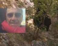 Imagen del hombre encontrado muerto, Bruno Delnegro, y la cueva donde fue oculto su cadáver en Castrovalva, Italia.