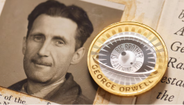 La foto proporcionada por The Royal Mint muestra un retrato de George Orwell y una nueva moneda de 2 libras esterlinas.