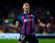 Raphina, autor del único gol del FC Barcelona celebrando su gol.