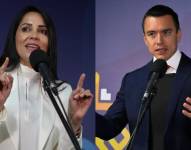 Los candidatos Luisa González y Daniel Noboa en declaraciones previo al debate de primera vuelta.