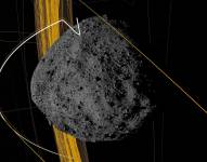 Imagen computarizada cedida por el Centro de vuelo espacial Goddard de la NASA que muestra la simulación de trayectoria del asteroide Bennu. EFE/ Centro De Vuelo Espacial Goddard De La Nasa