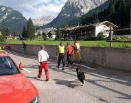 Rescatistas se reúnen hoy al pie de la montaña Marmolada tras la avalancha registrada el domingo.