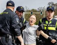Greta Thunberg siendo arrestada por la policía de Países Bajos.