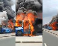 Un bus de la Metrovía se incendió la tarde de este domingo 25 de febrero afuera de la estación Mall del Sur, en la avenida 25 de Julio, en Guayaquil.