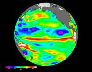 Los datos del nivel del mar del satélite Sentinel-6 Michael Freilich del 24 de abril muestran aguas oceánicas relativamente más altas (en rojo y blanco) y más cálidas en el Ecuador y la costa oeste de América del Sur.