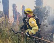 Bomberos realizan labores manuales de extinción debido a las condiciones del terreno.