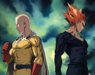 Portada de la tercera temporada de One-Punch Man que muestra al protagonista Saitama y el antagonista Garou