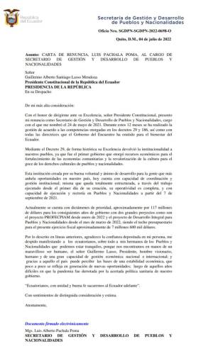 Imagen de la carta presentada por Pachala al presidente Guillermo Lasso.